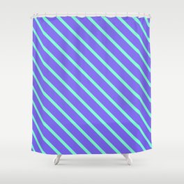 [ Thumbnail: Aquamarine & Medium Slate Blue Colored Stripes Pattern Shower Curtain ]