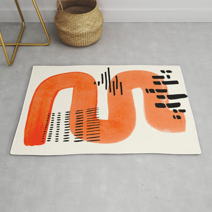 Mid Century Modern abstract Minimalist Fun Colorful Shapes Patterns Orange Watercolor Wiggle Stroke Rug