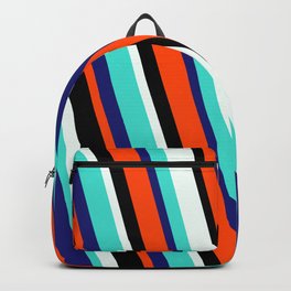[ Thumbnail: Vibrant Mint Cream, Turquoise, Midnight Blue, Red & Black Colored Lines/Stripes Pattern Backpack ]