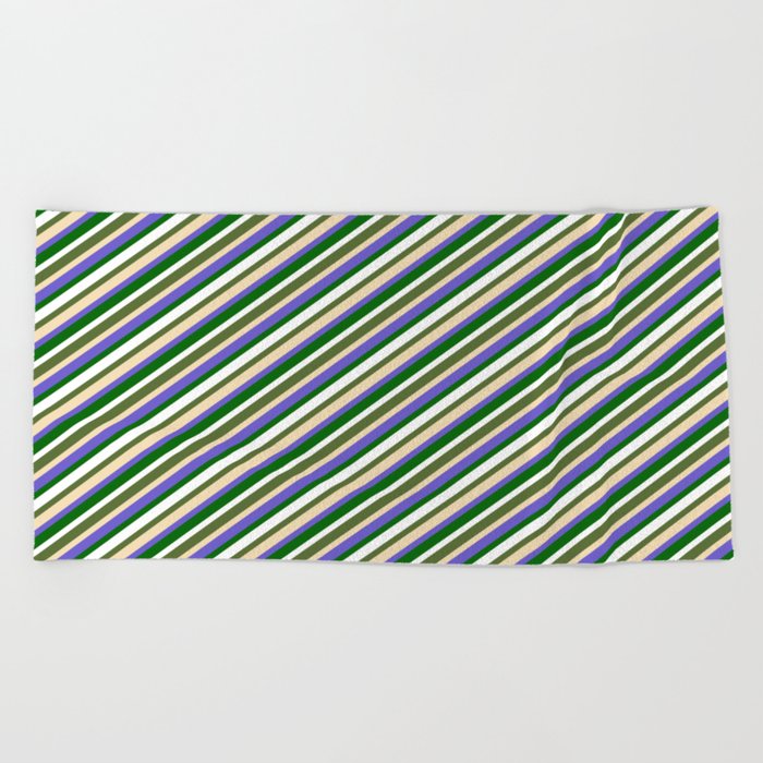 Colorful Dark Olive Green, Tan, Slate Blue, Dark Green, and White Colored Lines/Stripes Pattern Beach Towel