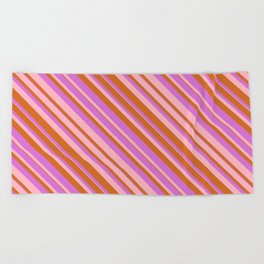 [ Thumbnail: Chocolate, Orchid & Light Pink Colored Lined/Striped Pattern Beach Towel ]