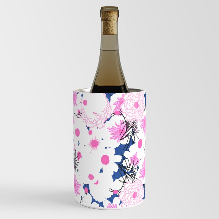 Spring Flowers On Navy Retro Fabric Wine Chiller