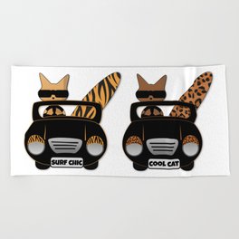 Trendy Wild Cats go Surfing in their Open Top Retro Sports Cars Beach Towel