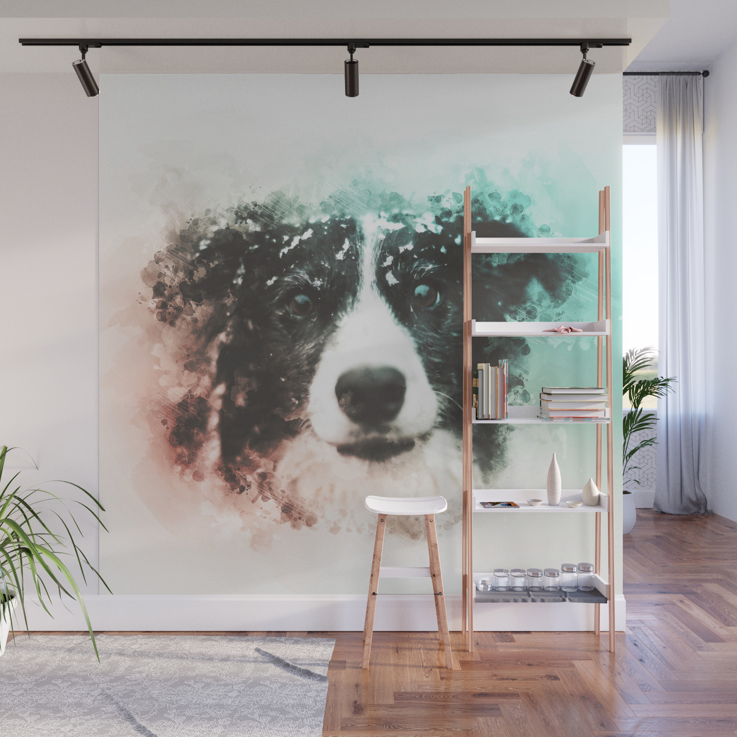 Border Collie Digital Watercolor Painting Wall Mural By