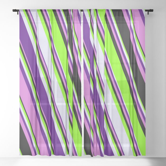 Chartreuse, Lavender, Indigo, Orchid & Black Colored Striped/Lined Pattern Sheer Curtain