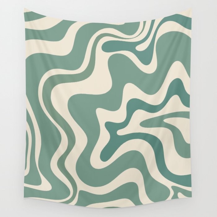 Retro Liquid Swirl Abstract Pattern in Eucalyptus Sage Green and Cream Beige Wall Tapestry