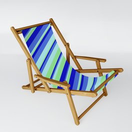 [ Thumbnail: Turquoise, Light Green, Blue, and Royal Blue Colored Stripes/Lines Pattern Sling Chair ]