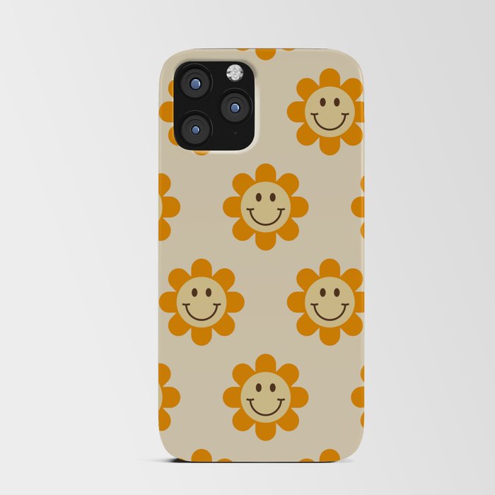 70s Retro Smiley Floral Face Pattern in yellow and beige iPhone Card Case