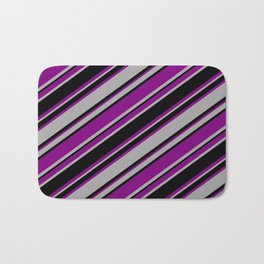 [ Thumbnail: Purple, Dark Gray & Black Colored Striped/Lined Pattern Bath Mat ]