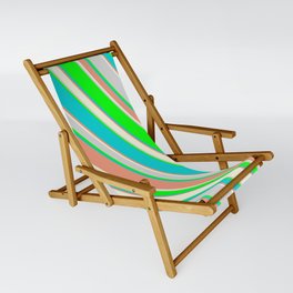 [ Thumbnail: Lime, Dark Turquoise, Dark Salmon, Beige, and Light Gray Colored Stripes/Lines Pattern Sling Chair ]