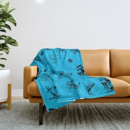 Turquoise And Black Silhouettes Of Vintage Nautical Pattern Throw Blanket