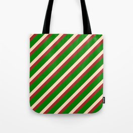 [ Thumbnail: Brown, Green & Bisque Colored Stripes Pattern Tote Bag ]