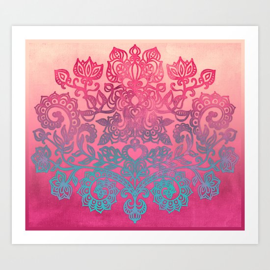 Ombre Canvas Folk Art Doodle in aqua, pink & peach Art Print