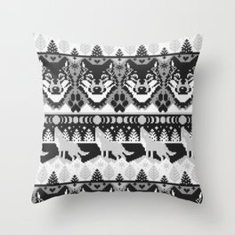 Fair isle knitting grey wolf // black and white wolves moons and pine trees Throw Pillow