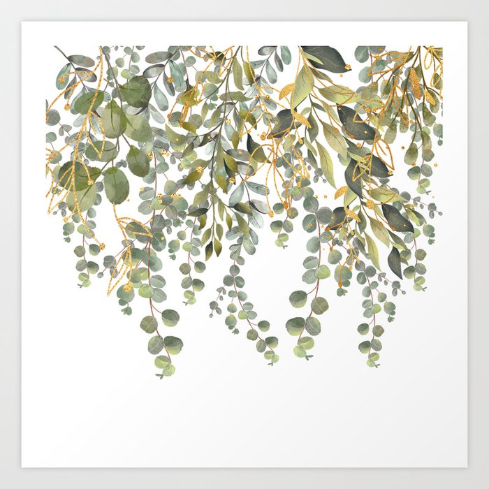 Green And Gold Decorative Eucalyptus Leaves  Art Print