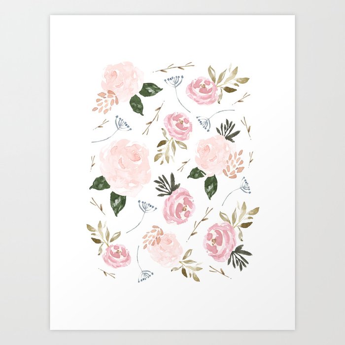 Vintage Floral Blossom - Pink Watercolor Florals Art Print