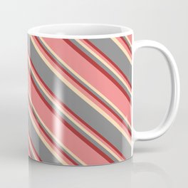 [ Thumbnail: Light Coral, Tan, Gray & Brown Colored Striped Pattern Coffee Mug ]