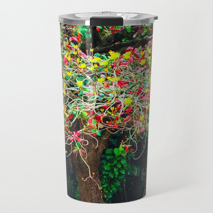 big tree with green yellow and red leaves Travel Mug