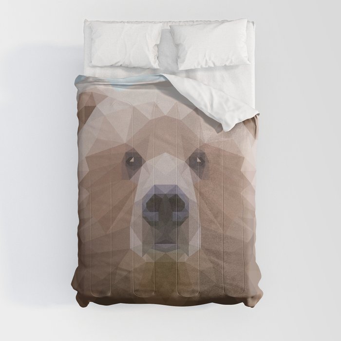 Cute geometric bear on blue/grey background Comforter