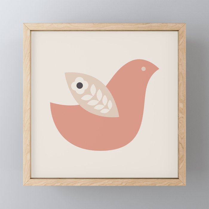 Pink and Beige Scandinavian Bird  // Folk Art Bird // Pink Bird Framed Mini Art Print