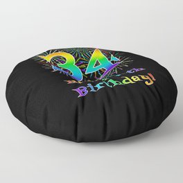 [ Thumbnail: 34th Birthday - Fun Rainbow Spectrum Gradient Pattern Text, Bursting Fireworks Inspired Background Floor Pillow ]