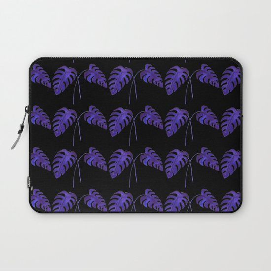 Indigo Monstera Leaf Watercolor on Black Laptop Sleeve