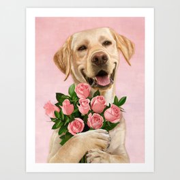 Happy Dog with Roses Art Print