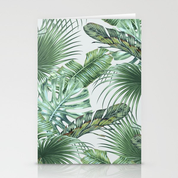 Tropical palm leaves, monstera, banana leaf, jungle foliage floral seamless pattern, summer background. Vintage botanical exotic illustration wallpaper.  Stationery Cards