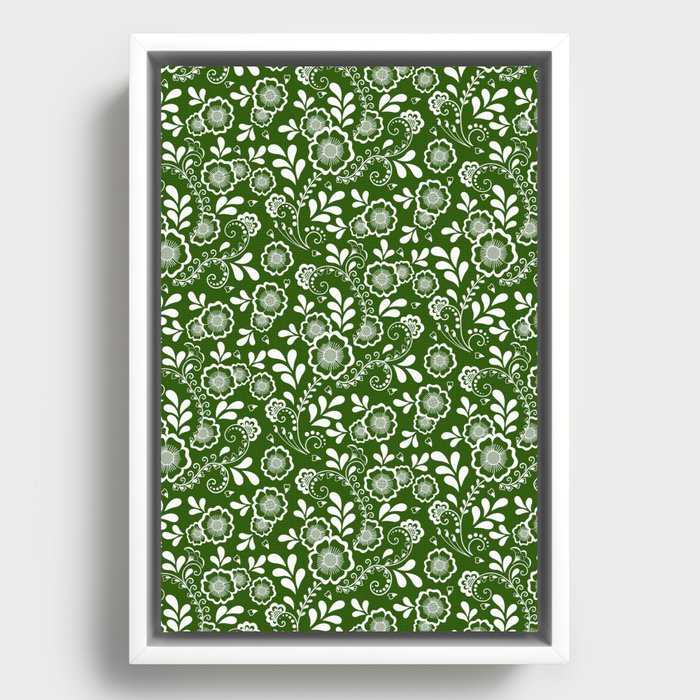 Green And White Eastern Floral Pattern Framed Canvas
