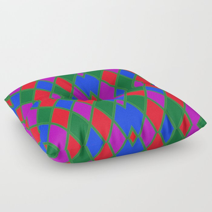 Argyle Pattern Using Red Green Blue and Purple Diamonds Outlined in Green Lines Floor Pillow