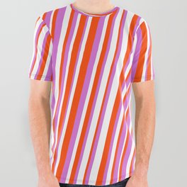 [ Thumbnail: Red, Orchid & White Colored Lined/Striped Pattern All Over Graphic Tee ]