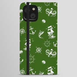 Green And White Silhouettes Of Vintage Nautical Pattern iPhone Wallet Case
