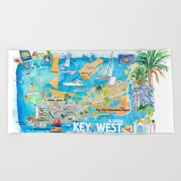 Key West Florida Illustrated Travel Map with Roads and Highlights Beach Towel