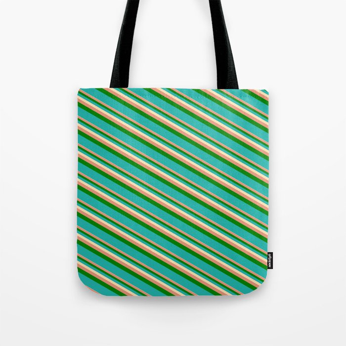 Beige, Dark Salmon, Green & Light Sea Green Colored Lines Pattern Tote Bag