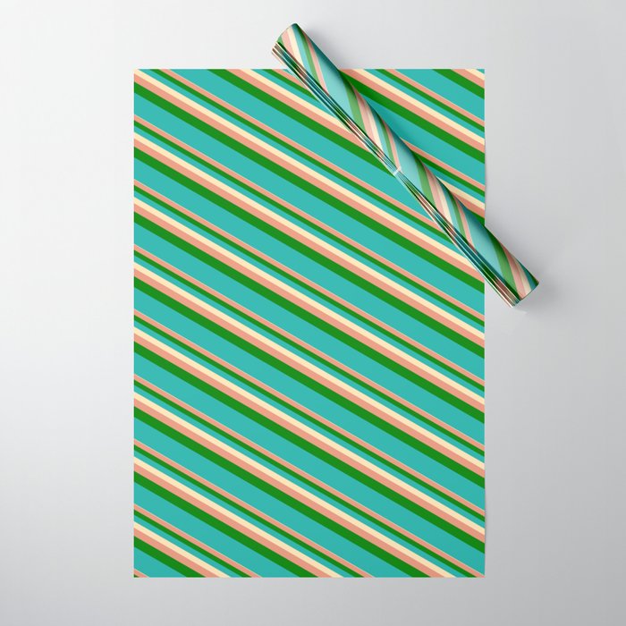 Beige, Dark Salmon, Green & Light Sea Green Colored Lines Pattern Wrapping Paper