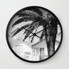 Palm Tree Print - Black and White - Stripped Beach Houses - Tropical - Travel Photography Wall Clock
