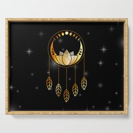 Mystic lotus dream catcher with moons and stars gold Serving Tray