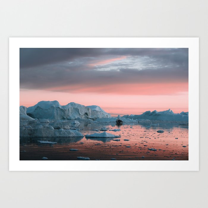 Boat in the Ice during sunset Art Print