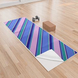 [ Thumbnail: Plum, Dark Cyan, Royal Blue, and Blue Colored Lined Pattern Yoga Towel ]