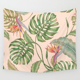 Floral seamless vintage tropical pattern background with exotic flowers, jungle leaves, monstera plant leaf, strelitzia, bird of paradise flower. Vintage botanical gentle illustration in Hawaiian style Wall Tapestry