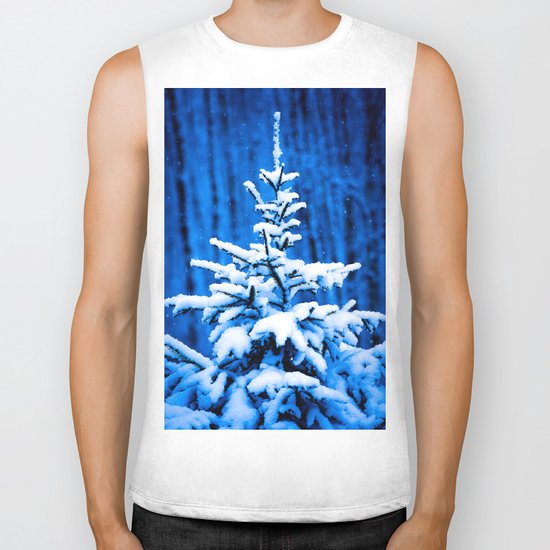 Snow covered Christmas tree Biker Tank