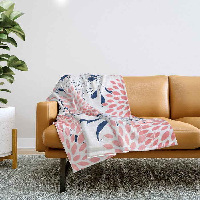 Floral Blooms and Leaves, Navy Blue, Pink and White Throw Blanket