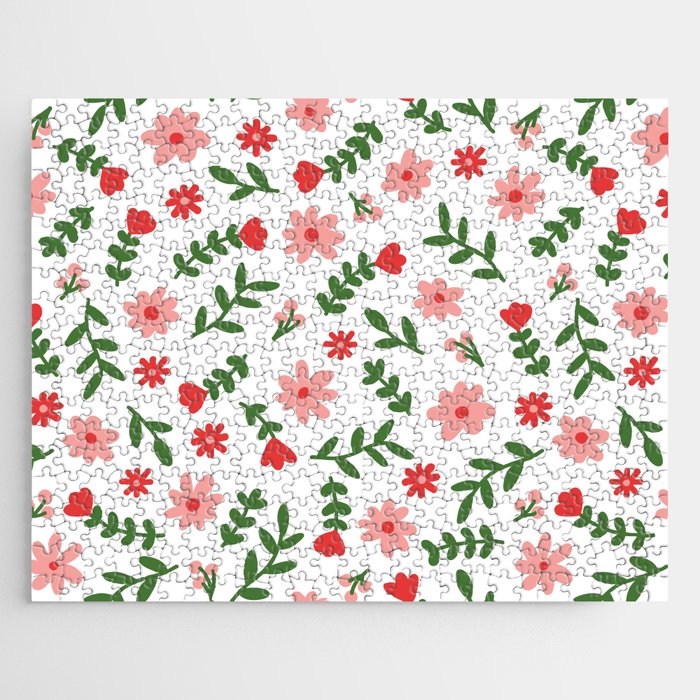 Minimalist Flower Pattern (red/pink/green/white) Jigsaw Puzzle