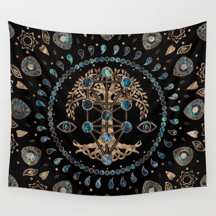 Kabbalah The Tree of Life Abalone and Gold Wall Tapestry