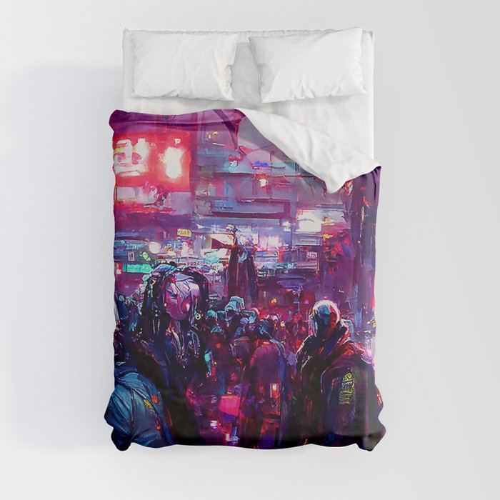 Postcards from the Future - Cyberpunk Street Market Duvet Cover