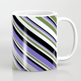 [ Thumbnail: Slate Blue, Grey, Dark Olive Green, Mint Cream, and Black Colored Stripes Pattern Coffee Mug ]