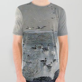 Ducks, Mallards and Swans on the lake at sunset All Over Graphic Tee