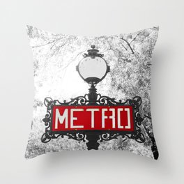 Paris metro sign in selective color | Parisian urban identity | Retro vintage love | Red and monochrome Throw Pillow