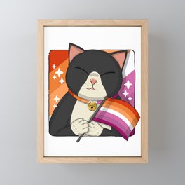 Tuxedo Cat Holding Lesbian Pride Flag Framed Mini Art Print