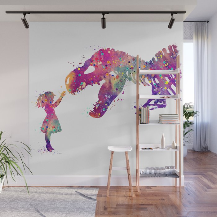 Girl and Dinosaur T-Rex Art Animals Nursery Decor Kids Room Watercolor  Print Purple Home Decor Wall Mural by LotusArt | Society6